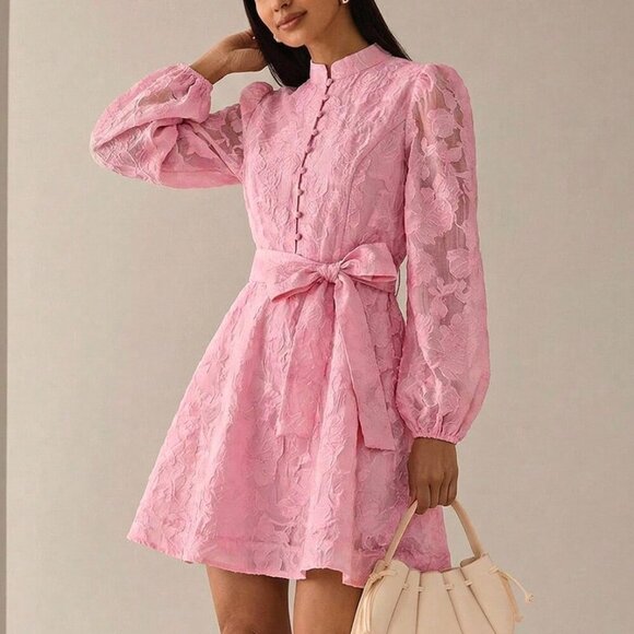 MODA ME COUTURE Dresses & Skirts - Pink Elegant Women's A-Line Short Dress with Cinched Waist, Puff Sleeves